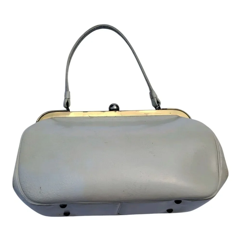 Vintage 1960s Cream Leather Handbag Mid Century Mod Top Handle Frame Clasp Purse